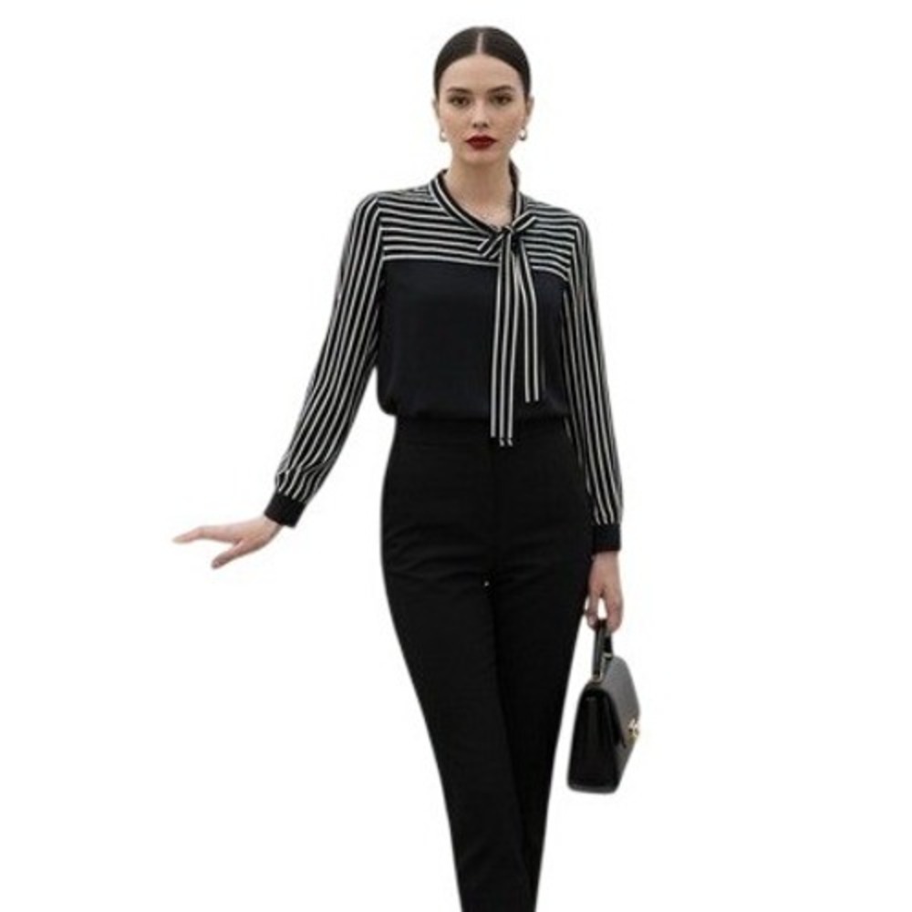 Allegra K Elegant Navy Striped Blouse with Tie Neck Detail Long Sleeve Top XS